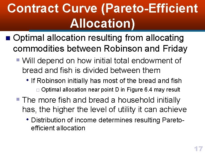 Contract Curve (Pareto-Efficient Allocation) n Optimal allocation resulting from allocating commodities between Robinson and