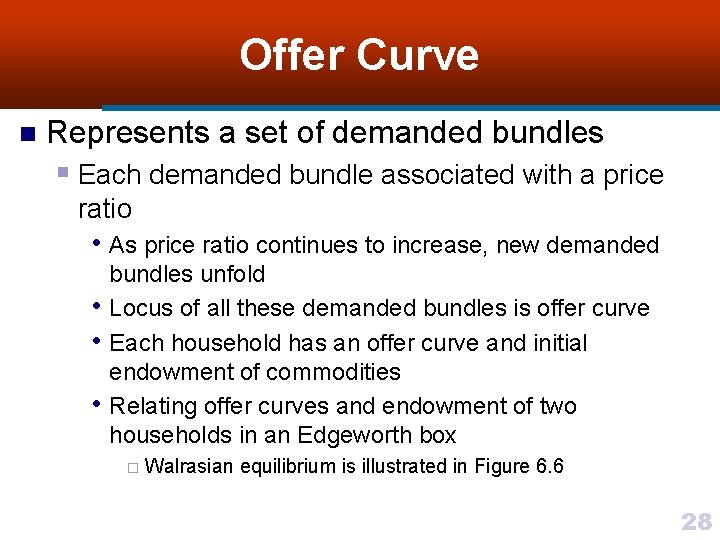 Offer Curve n Represents a set of demanded bundles § Each demanded bundle associated