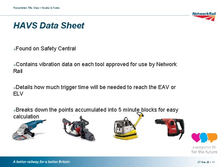 Presentation Title: View > Header & Footer HAVS Data Sheet v Found on Safety