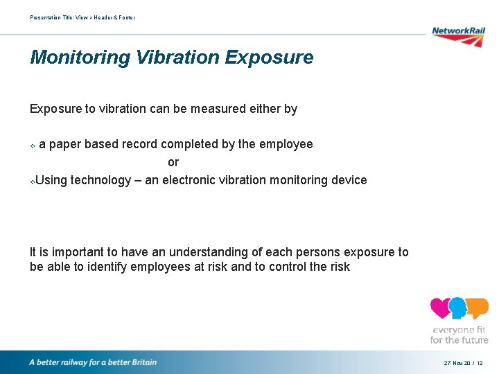 Presentation Title: View > Header & Footer Monitoring Vibration Exposure to vibration can be