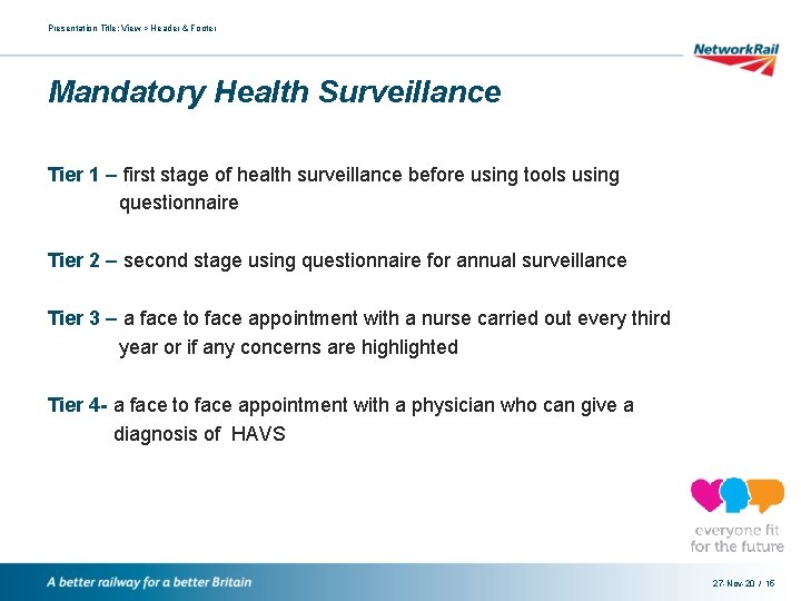 Presentation Title: View > Header & Footer Mandatory Health Surveillance Tier 1 – first