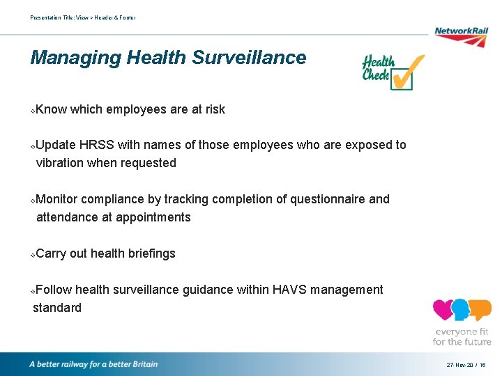 Presentation Title: View > Header & Footer Managing Health Surveillance v v Know which
