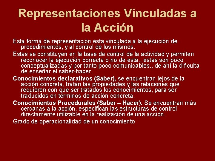 Representaciones Vinculadas a la Acción Esta forma de representación esta vinculada a la ejecución