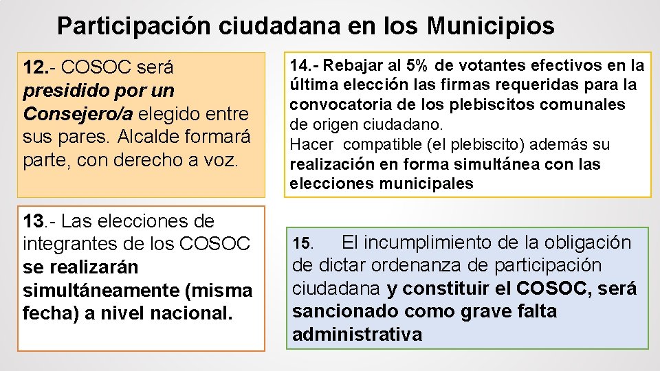 Participación ciudadana en los Municipios 12. - COSOC será presidido por un Consejero/a elegido