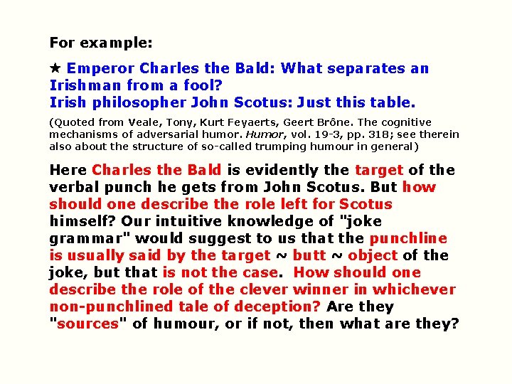 For example: Emperor Charles the Bald: What separates an Irishman from a fool? Irish For example: Emperor Charles the Bald: What separates an Irishman from a fool? Irish