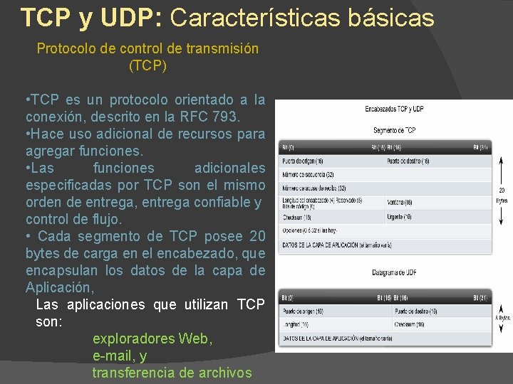 TCP y UDP: Características básicas Protocolo de control de transmisión (TCP) • TCP es