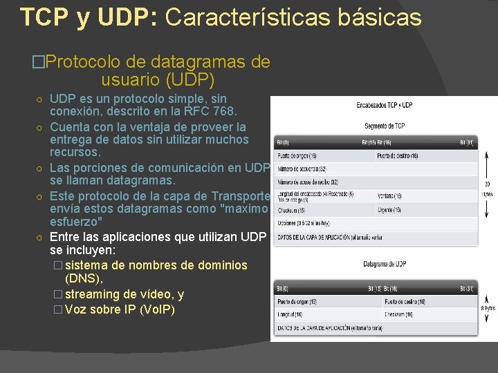 TCP y UDP: Características básicas �Protocolo de datagramas de usuario (UDP) ○ UDP es