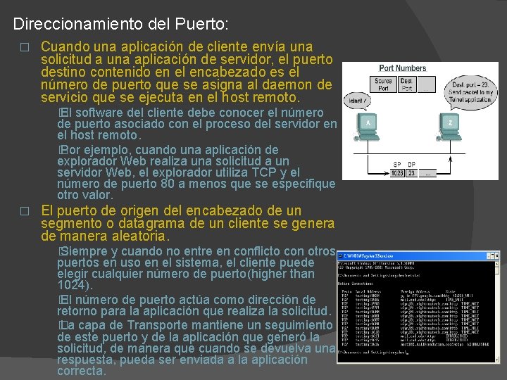 Direccionamiento del Puerto: � Cuando una aplicación de cliente envía una solicitud a una