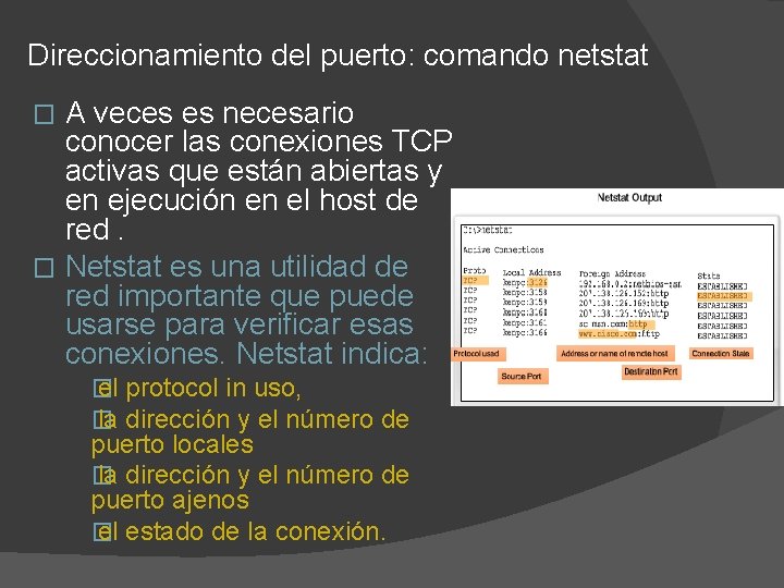 Direccionamiento del puerto: comando netstat A veces es necesario conocer las conexiones TCP activas