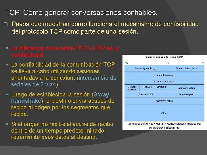 TCP: Como generar conversaciones confiables. � Pasos que muestran cómo funciona el mecanismo de