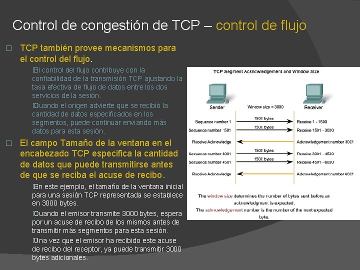 Control de congestión de TCP – control de flujo � TCP también provee mecanismos