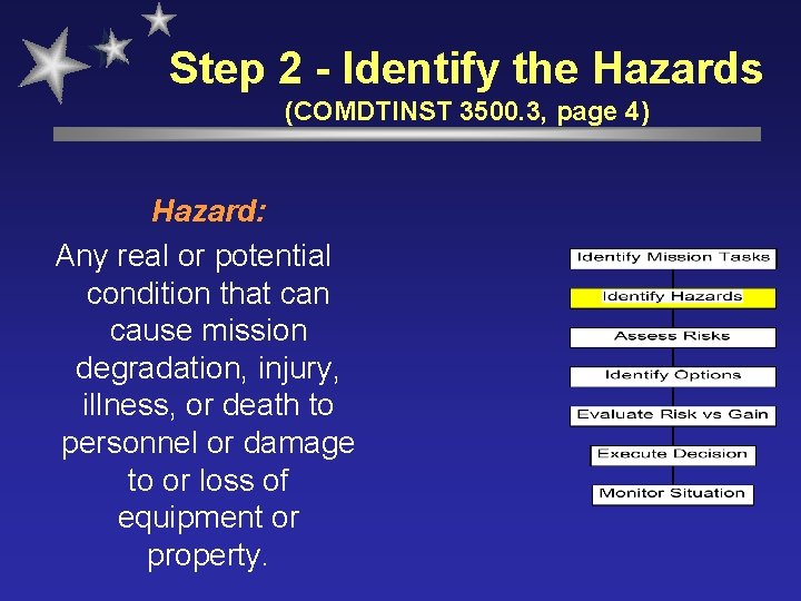 Step 2 - Identify the Hazards (COMDTINST 3500. 3, page 4) Hazard: Any real