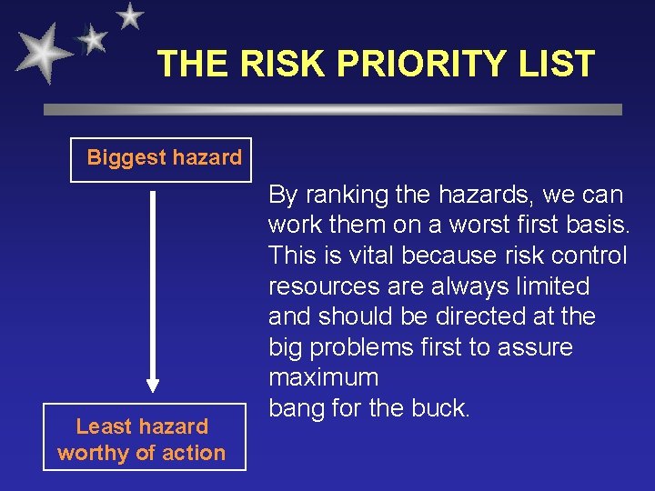 THE RISK PRIORITY LIST Biggest hazard Least hazard worthy of action By ranking the