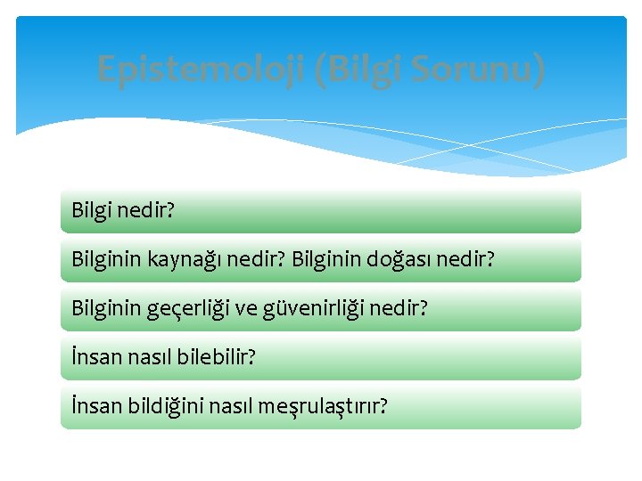 Epistemoloji (Bilgi Sorunu) Bilgi nedir? Bilginin kaynağı nedir? Bilginin doğası nedir? Bilginin geçerliği ve