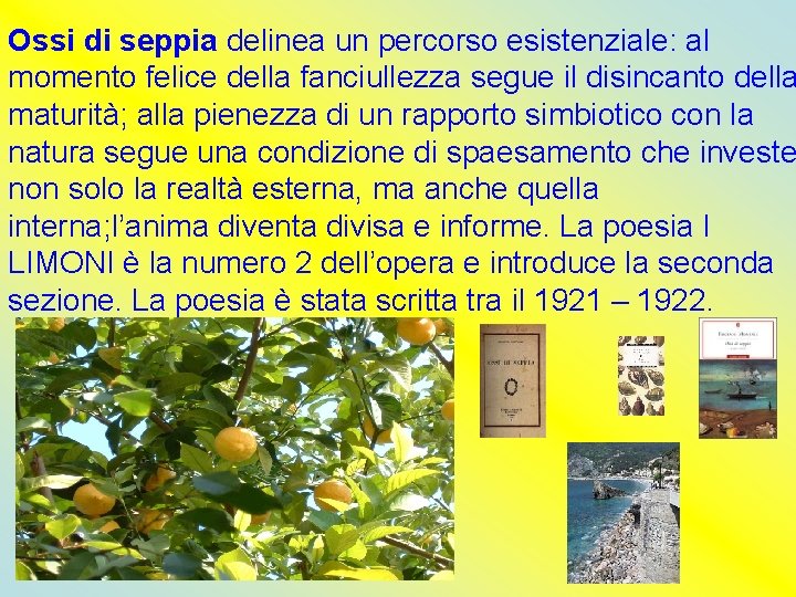 Ossi di seppia delinea un percorso esistenziale: al momento felice della fanciullezza segue il Ossi di seppia delinea un percorso esistenziale: al momento felice della fanciullezza segue il