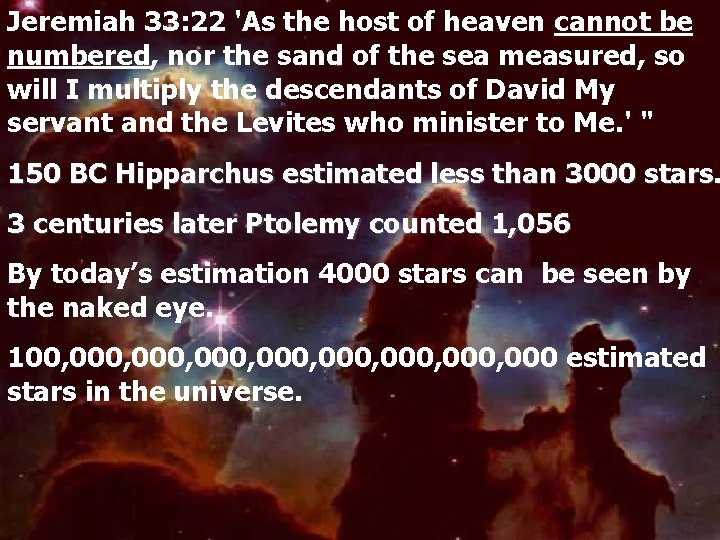 Jeremiah 33: 22 'As the host of heaven cannot be numbered, nor the sand