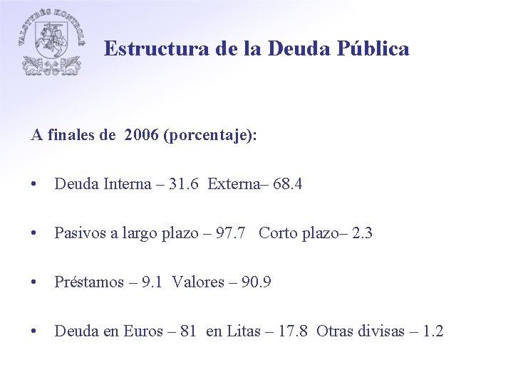 Estructura de la Deuda Pública A finales de 2006 (porcentaje): • Deuda Interna –