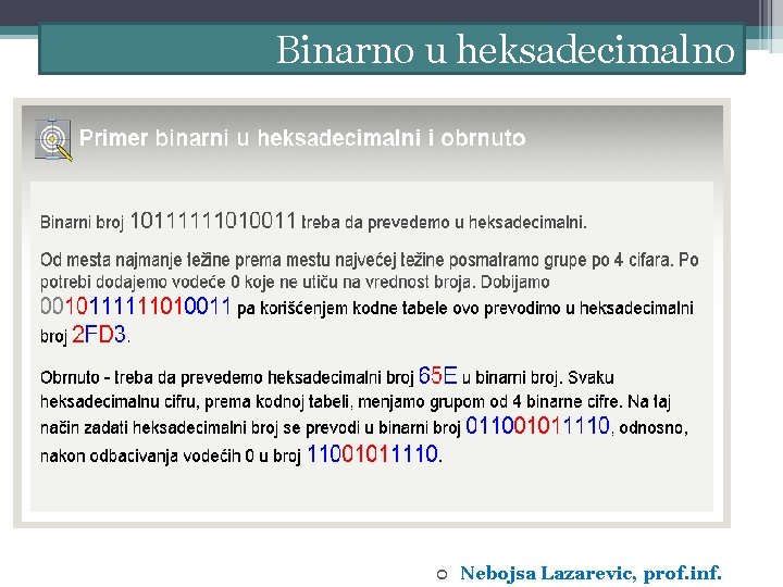 Binarno u heksadecimalno Nebojsa Lazarevic, prof. inf. 