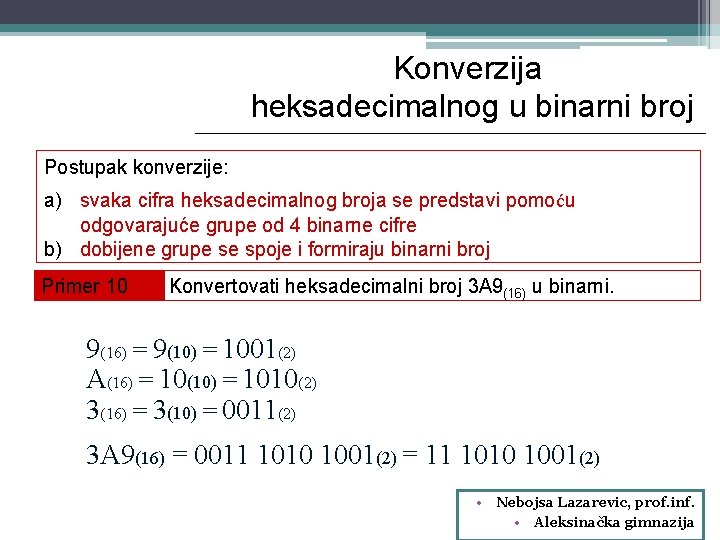 Konverzija heksadecimalnog u binarni broj Postupak konverzije: a) svaka cifra heksadecimalnog broja se predstavi