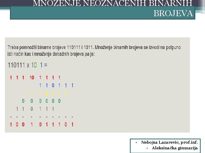 MNOZENJE NEOZNACENIH BINARNIH BROJEVA • Nebojsa Lazarevic, prof. inf. • Aleksinačka gimnazija 