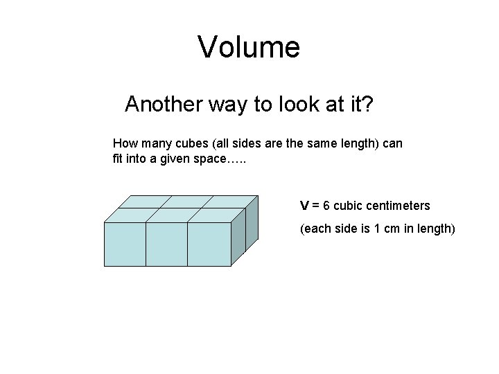 Volume Another way to look at it? How many cubes (all sides are the