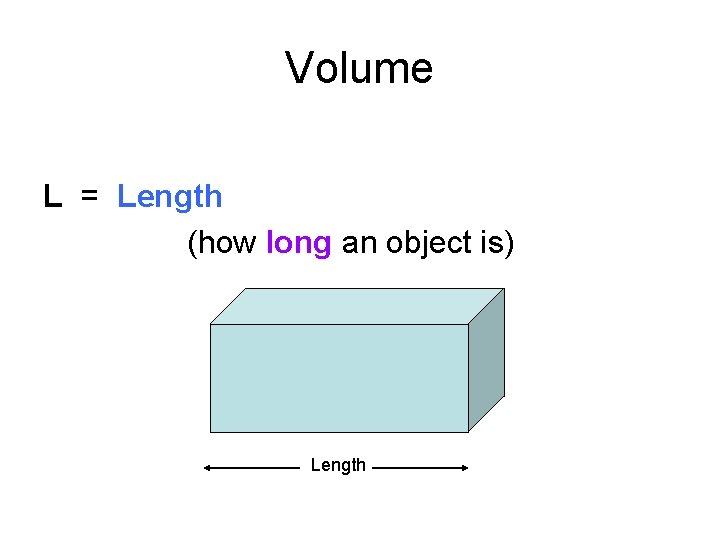 Volume L = Length (how long an object is) Length 