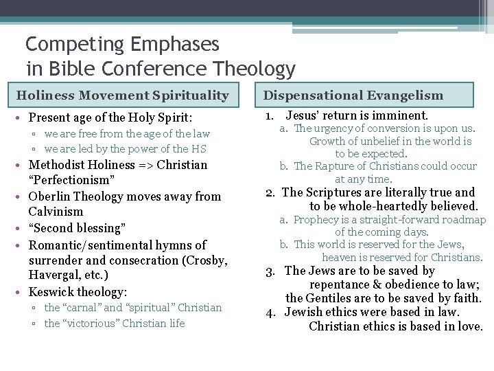 Competing Emphases in Bible Conference Theology Holiness Movement Spirituality Dispensational Evangelism • Present age
