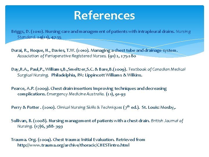 References Briggs, D. (2010). Nursing care and management of patients with intrapleural drains. Nursing
