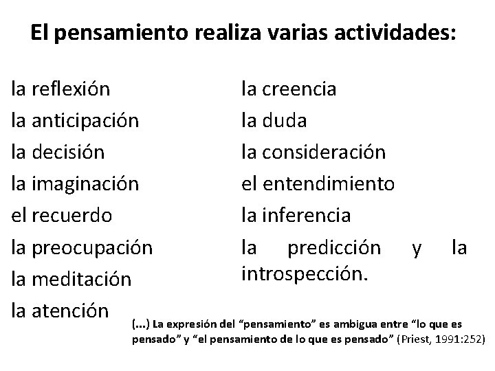 El pensamiento realiza varias actividades: la creencia la reflexión la duda la anticipación la