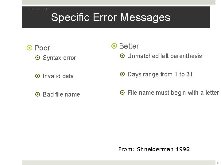 Gabriel Spitz Specific Error Messages Poor Better Syntax error Unmatched left parenthesis Invalid data