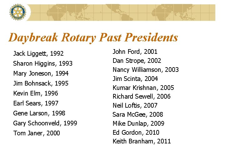 Daybreak Rotary Past Presidents Jack Liggett, 1992 Sharon Higgins, 1993 Mary Joneson, 1994 Jim