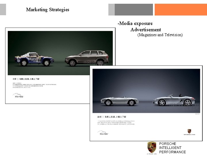 Marketing Strategies -Media exposure Advertisement (Magazines and Television) PORSCHE INTELLIGENT PERFORMANCE 