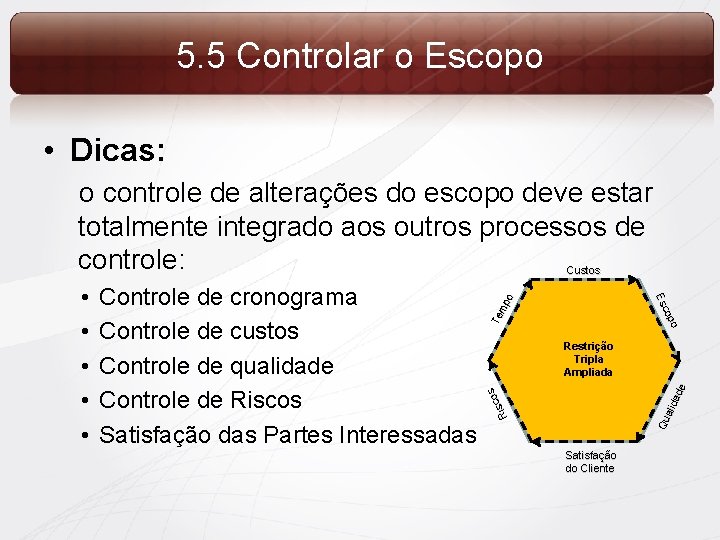 5. 5 Controlar o Escopo • Dicas: o controle de alterações do escopo deve