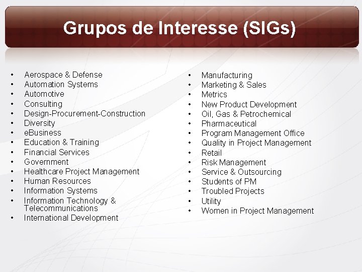 Grupos de Interesse (SIGs) • • • • Aerospace & Defense Automation Systems Automotive