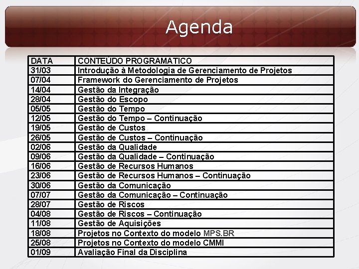 Agenda DATA 31/03 07/04 14/04 28/04 05/05 12/05 19/05 26/05 02/06 09/06 16/06 23/06