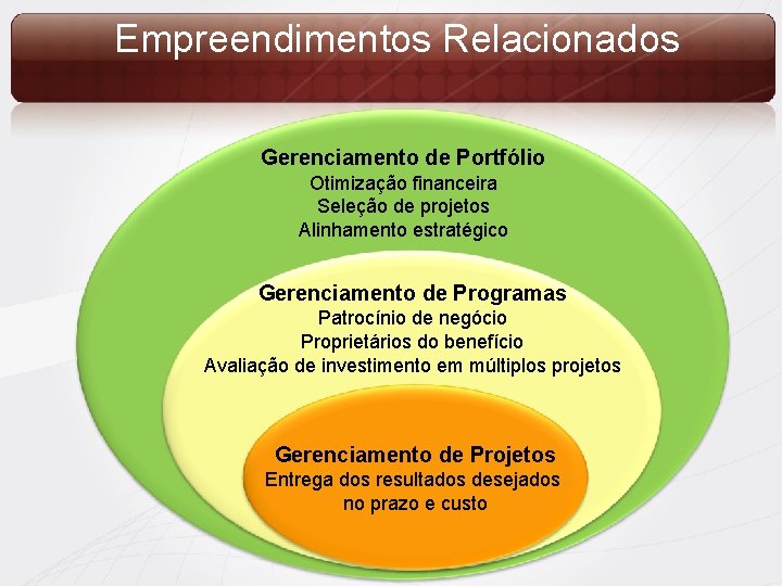 Empreendimentos Relacionados Gerenciamento de Portfólio Otimização financeira Seleção de projetos Alinhamento estratégico Gerenciamento de