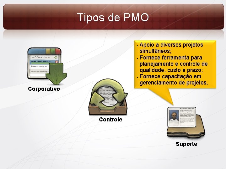 Tipos de PMO Apoio a diversos projetos simultâneos; ● Fornece ferramenta para planejamento e