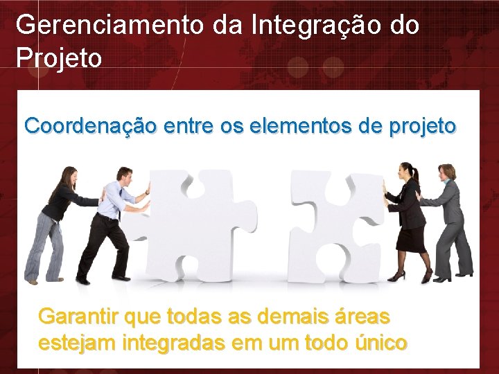 Gerenciamento da Integração do Projeto Coordenação entre os elementos de projeto Garantir que todas