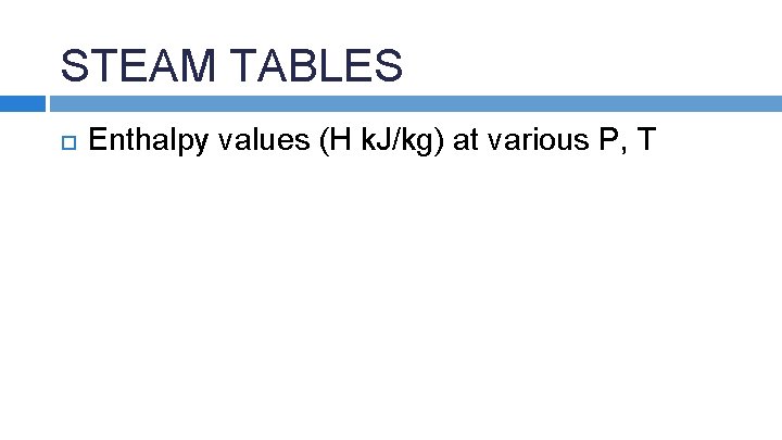 STEAM TABLES Enthalpy values (H k. J/kg) at various P, T 