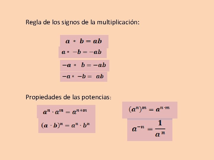 Regla de los signos de la multiplicación: Propiedades de las potencias: 