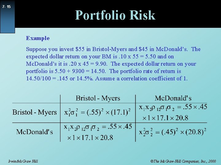7 - 15 Portfolio Risk Example Suppose you invest $55 in Bristol-Myers and $45