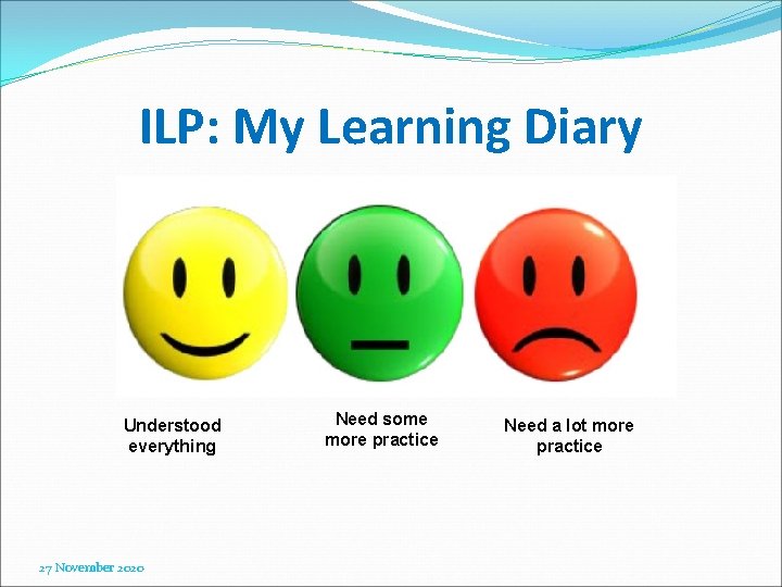 ILP: My Learning Diary Understood everything 27 November 2020 Need some more practice Need