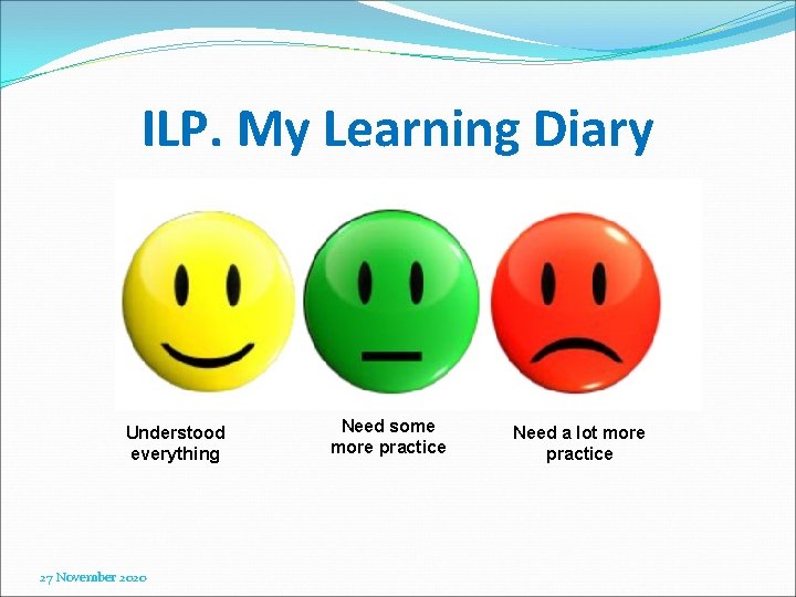 ILP. My Learning Diary Understood everything 27 November 2020 Need some more practice Need