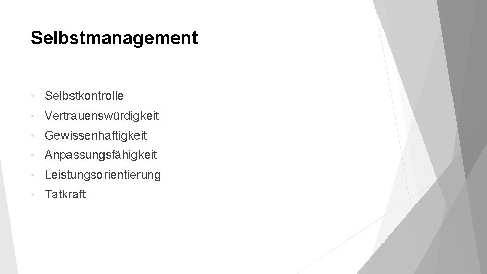 Selbstmanagement • Selbstkontrolle • Vertrauenswürdigkeit • Gewissenhaftigkeit • Anpassungsfähigkeit • Leistungsorientierung • Tatkraft 