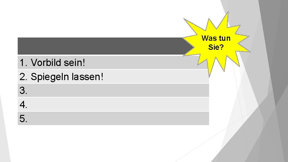 Was tun Sie? 1. Vorbild sein! 2. Spiegeln lassen! 3. 4. 5. 