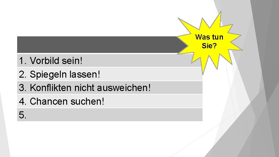 Was tun Sie? 1. Vorbild sein! 2. Spiegeln lassen! 3. Konflikten nicht ausweichen! 4.