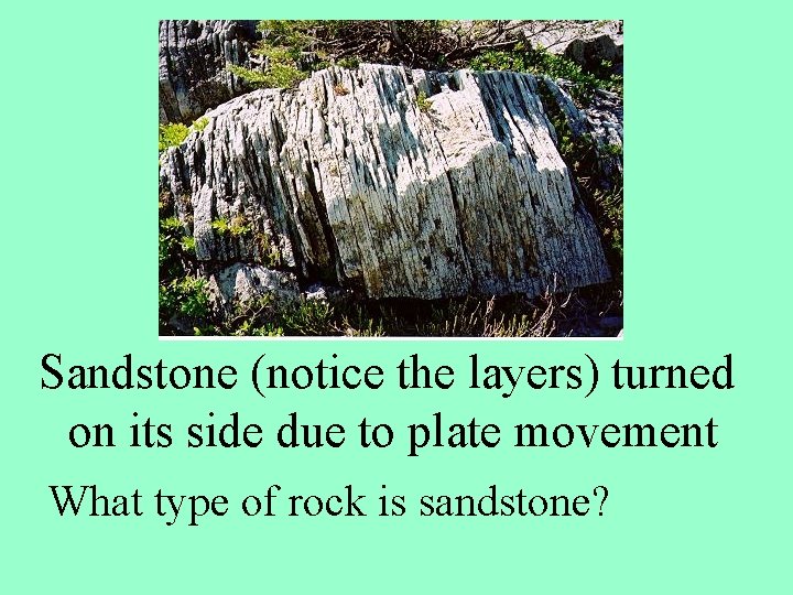 Sandstone (notice the layers) turned on its side due to plate movement What type