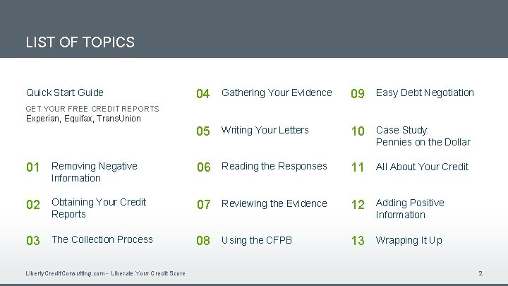 LIST OF TOPICS Quick Start Guide 04 Gathering Your Evidence 09 Easy Debt Negotiation