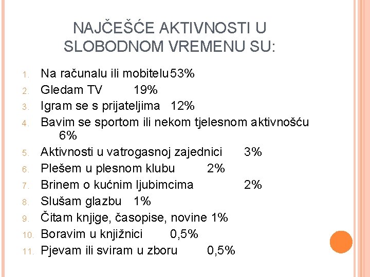 NAJČEŠĆE AKTIVNOSTI U SLOBODNOM VREMENU SU: 1. 2. 3. 4. 5. 6. 7. 8.