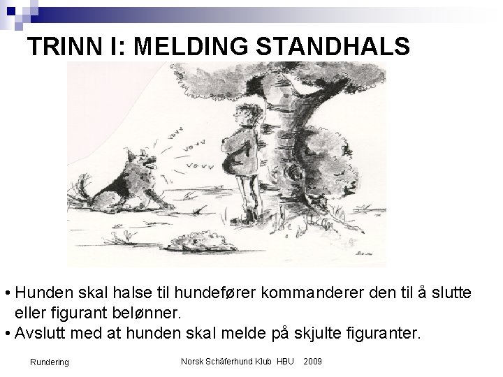 TRINN I: MELDING STANDHALS • Hunden skal halse til hundefører kommanderer den til å